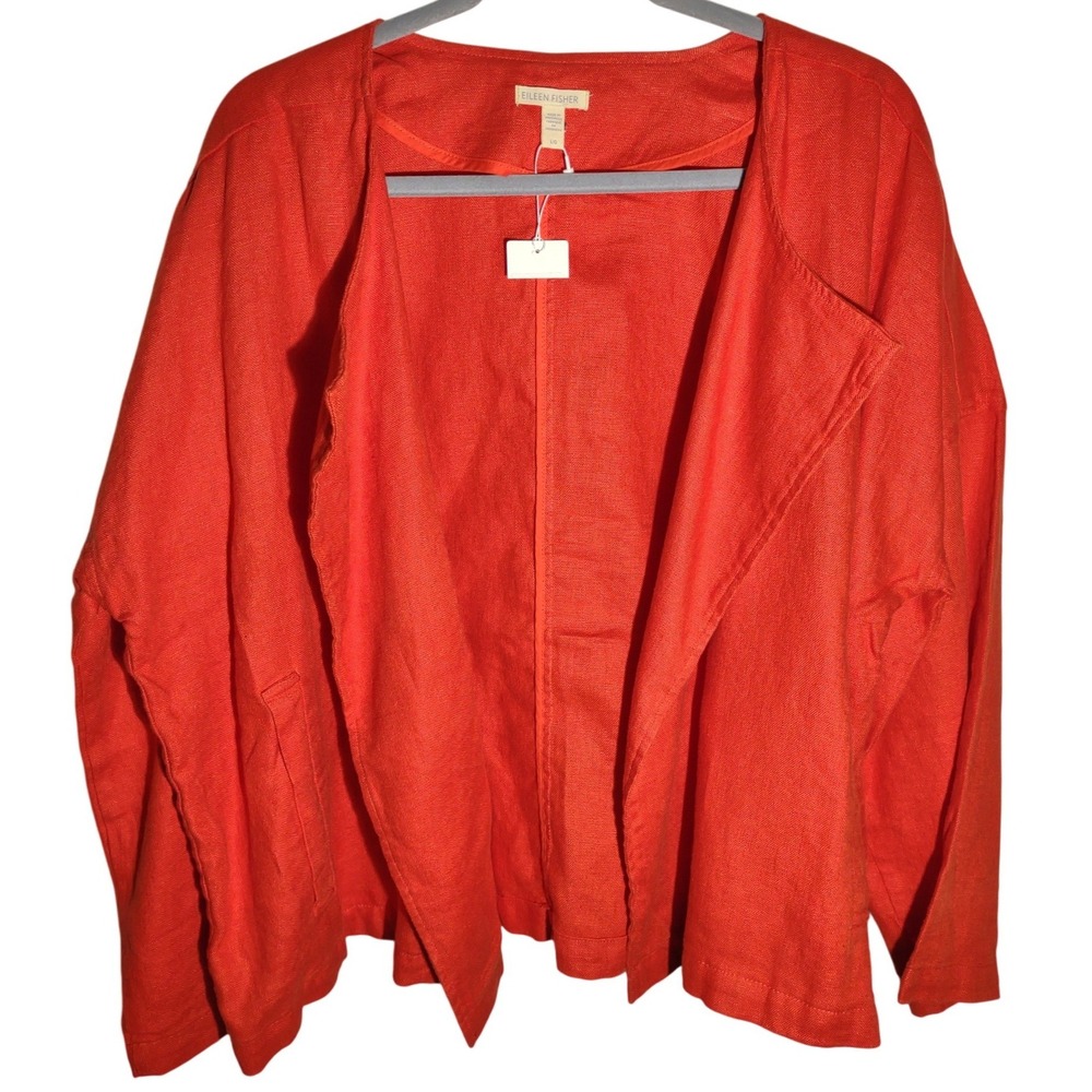 Eileen Fisher Open-Front Linen Blend Blazer in Bright Orange